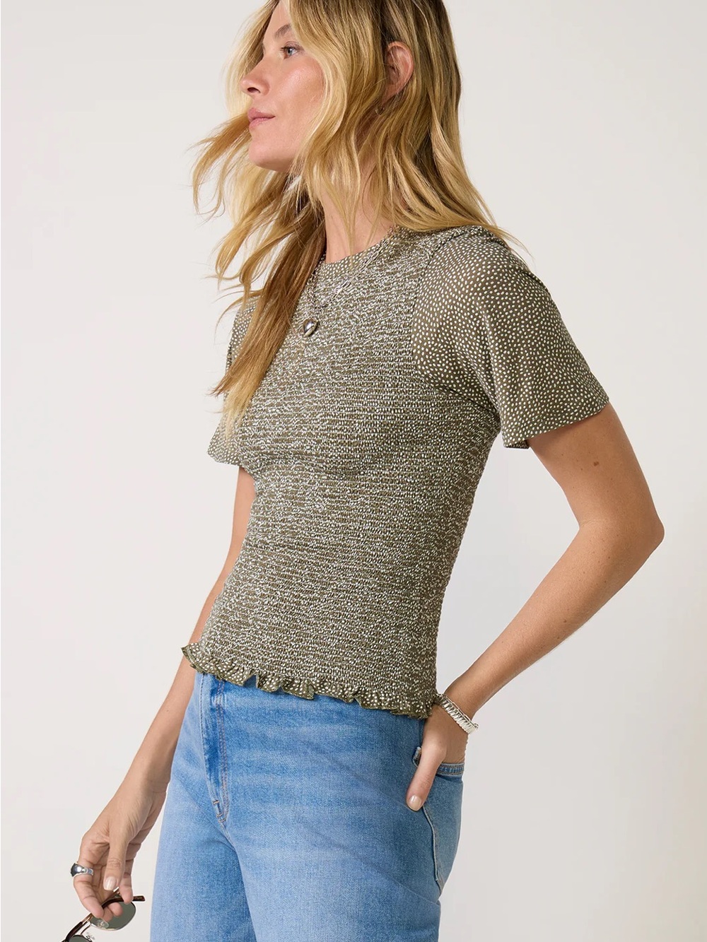 Nation LA Olivia Olive Green Short Sleeve Knit Smocked Top with Ruffle Hem XS